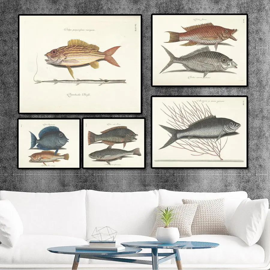 Decorative Painting Retro Fish Restaurant Hotel Paintings Animal Print Wall Pictures for Living Room Flatfish Art Canvas |