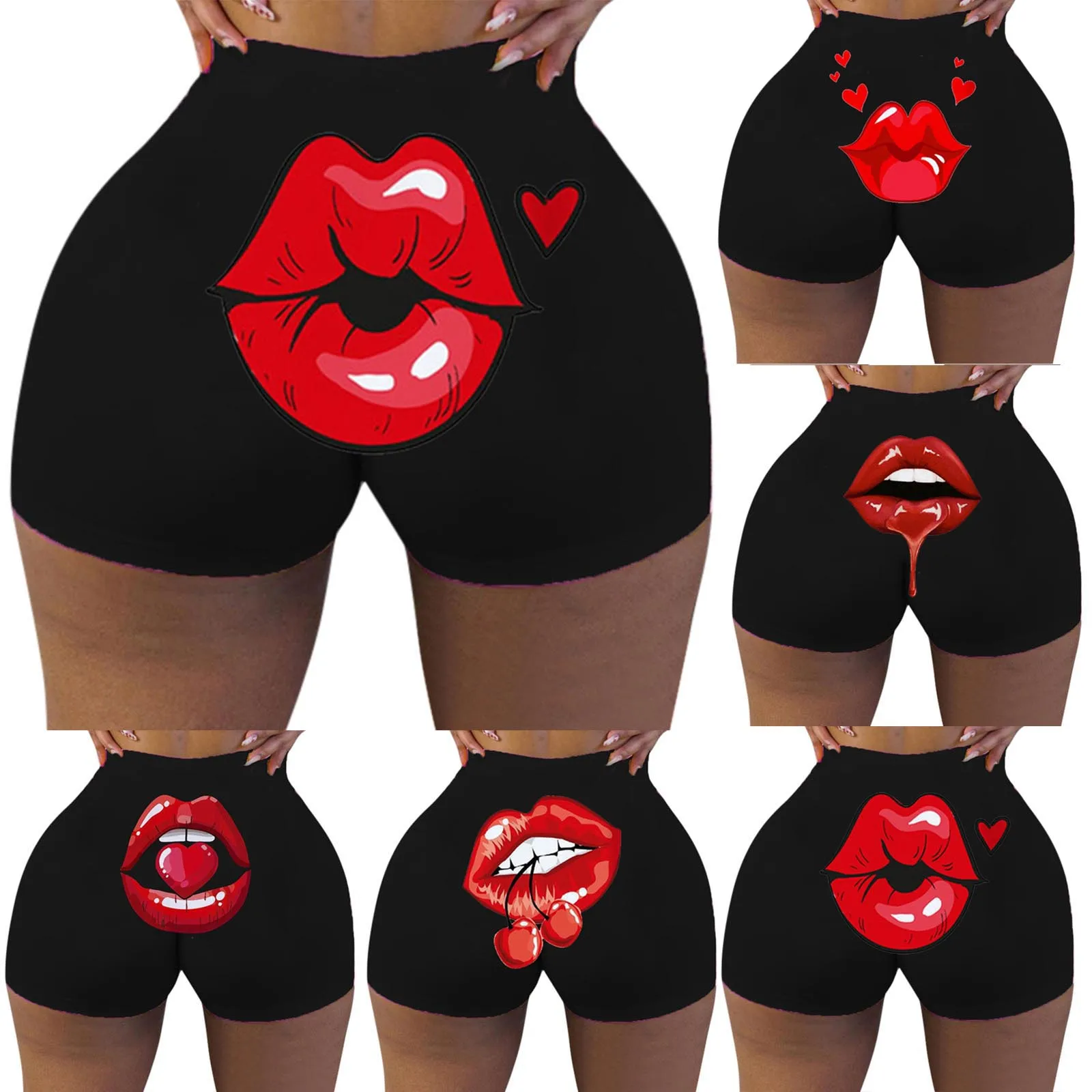 

Women Sexy Funny Lip Print Booty Shorts High Waist Workout Twerk Shorts Stretch Clubwear Bottoms Butt Lift Shorts Sports Wear A2