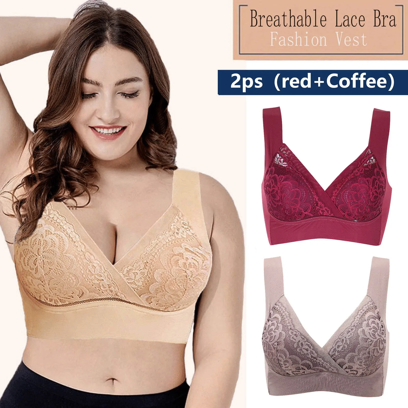

2PCS Women Lace Bra Seamless Underwear Backless Vest Sexy Lingerie Padded Bralette Sports Underwear Female Intimates Plus Size
