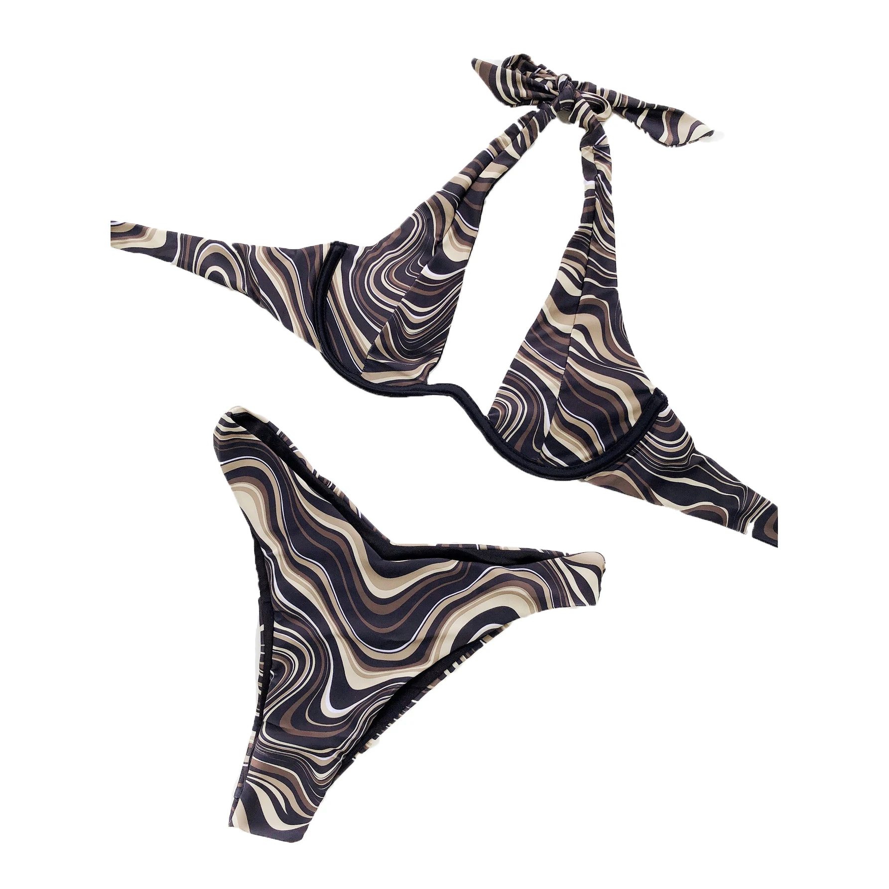 

Sexy Bikini Set Halter Womens Swimsuit 2021 New 2pieces Wave Pattern Push up Swimwear Low waist Bathing suit Underwire Nylon