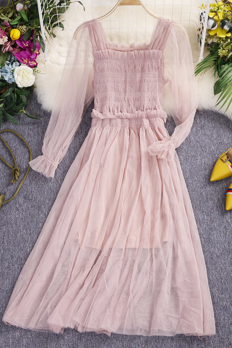 

2020 New Fairy Dress Mesh Waist Slimming Temperament Long Spring and Autumn Dress