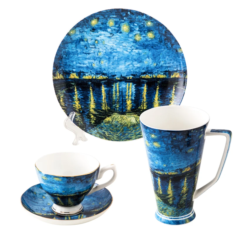 

Painting night over the rhone design wholesale fine bone china mug with saucer sets