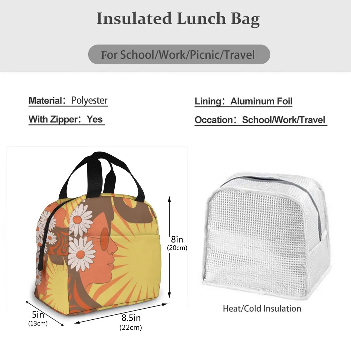 

WHEREISART Food Storage Bag Insulated Cold Picnic Carry Case Women Flower Yellow Thermal Lunch Box Travel Necessary Handbag