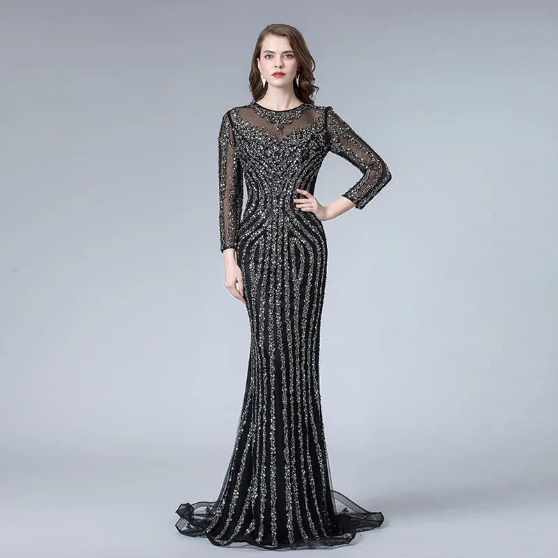 YQLNNE мусульманские черные вечерние платья с длинным рукавом Кристаллами круглым
