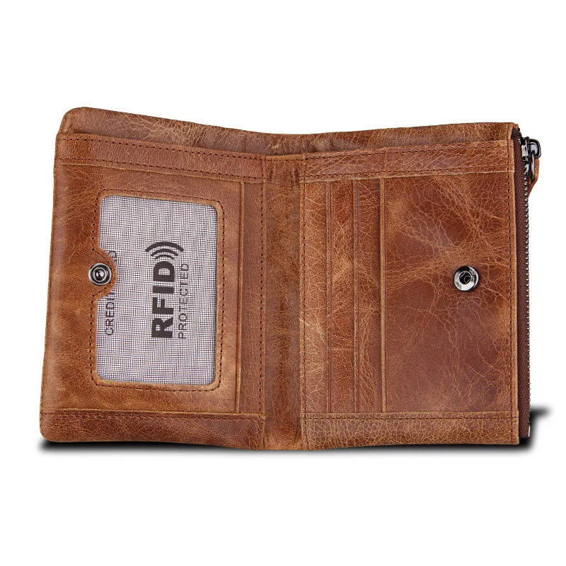 

New Men Short Wallet Genuine Cowhide Leather Men Wallets Double Zipper Purse Coin Pockets Anti RFID Card Holders Wallet