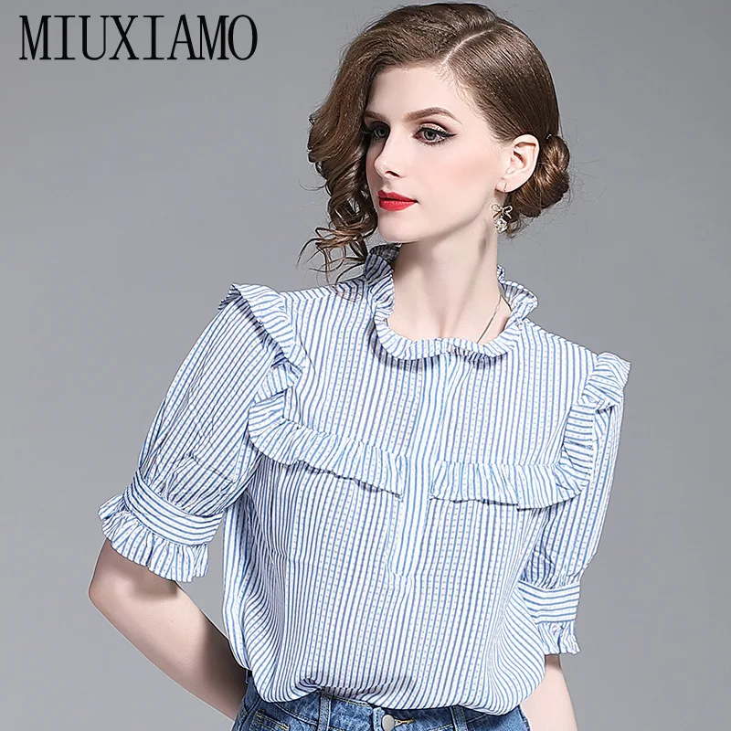 

MIUXIMAO 2020 Summer Blouse Women's Elegant Office Lady Long Sleeve Ruffles Loose Flower Print Tops Shirts Women Vestidos