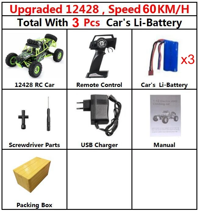 60kmH 12428 Car 3bty Новейший супер автомобиль, Модернизированный WLtoys 12428, скалолазание, 1:12, большой размер, Rc, высокая скорость вождения автомобиля, 4CH гоночный автомобиль, игрушки, грузовик, подарок - Цвет: 60kmH 12428 Car 3bty