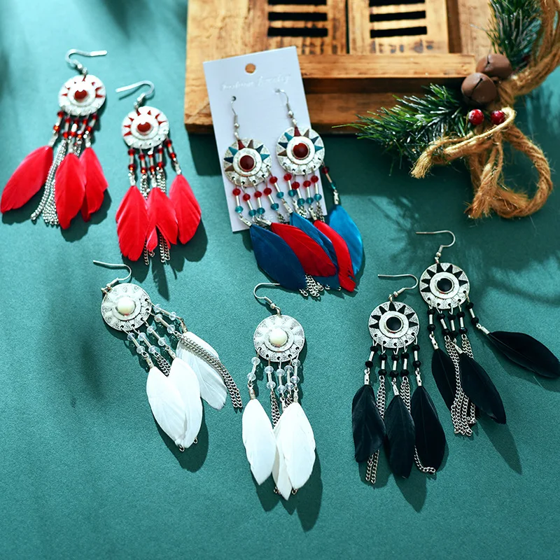 

Round Sun Long Feather Earrings Women Antique Silver Plated Bohemian Tassel Earrings Vintage Chain Earrings