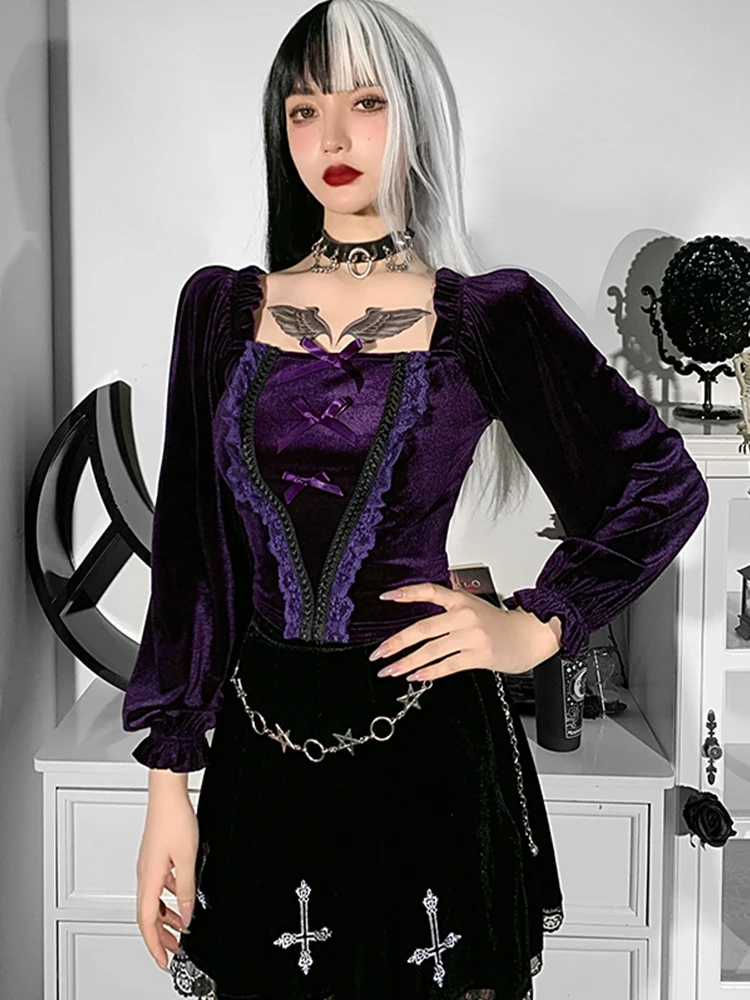 InsGoth Vintage Purple Velvet Bow T-Shirt Goth Aesthetic Punk Lace Trim Long Sleeve Cropped Tops Elegant Women Autumn Winter Tee | Женская