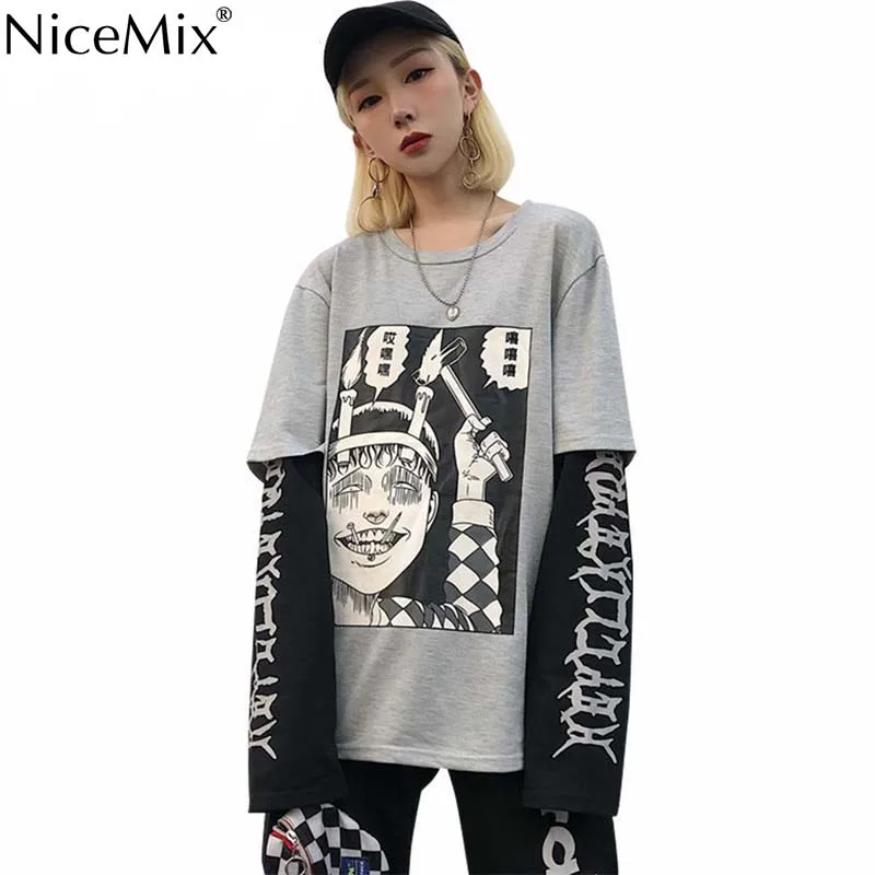 21316grey NiceMix Harajuku футболка женская поддельная 2 шт. принт японский Fujiang Ужасы комиксы длинный рукав рубашка Женская Vetement Femme - Цвет: 21316grey