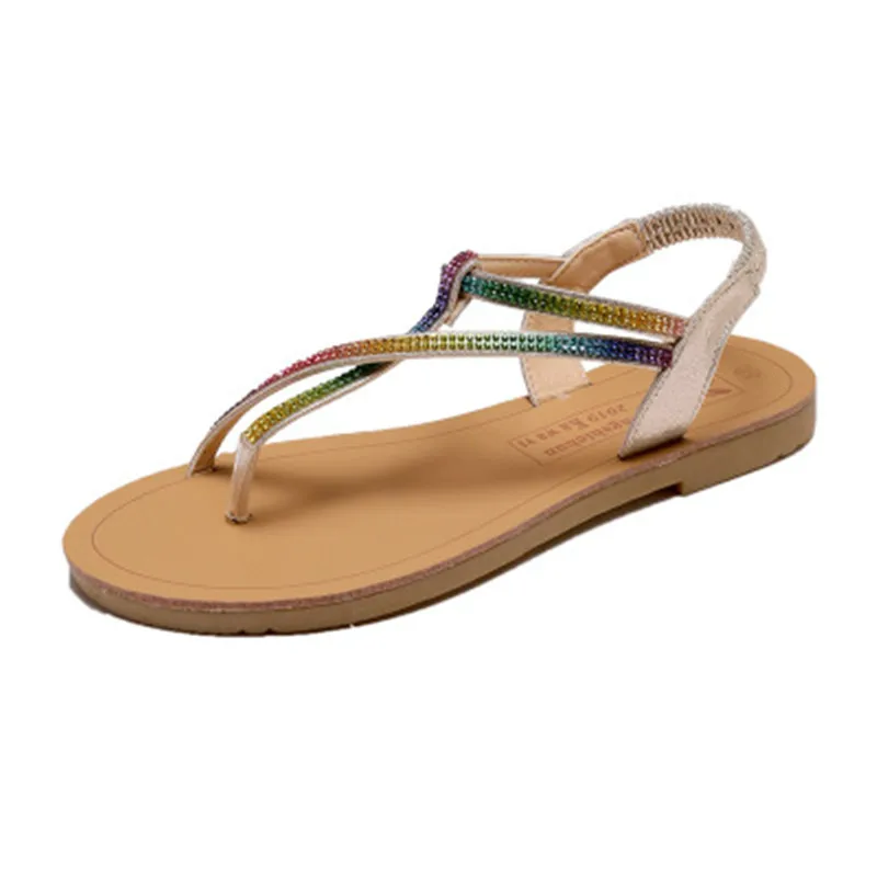 Сандалии женские с кристаллами повседневные однотонные босоножки на плоской