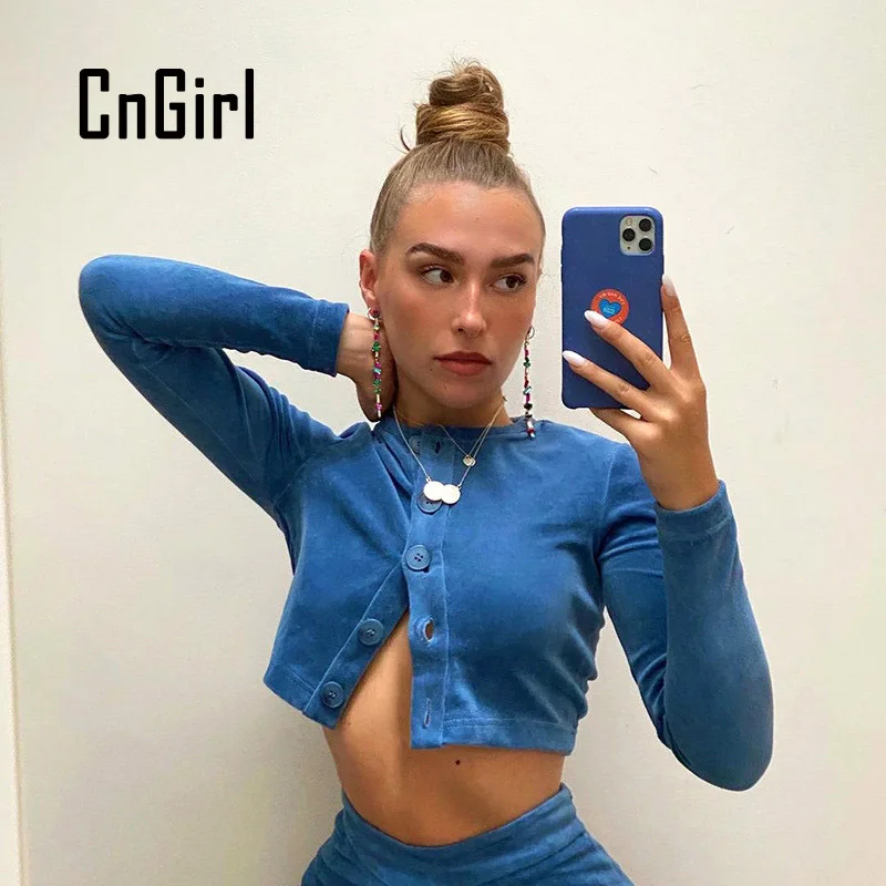 

CnGirl 2021 Autumn Velvet Short T-shirt Women Fashion Long Sleeve Tees Button Solid Cardigan Casual Female T-shirt Blusas Tops