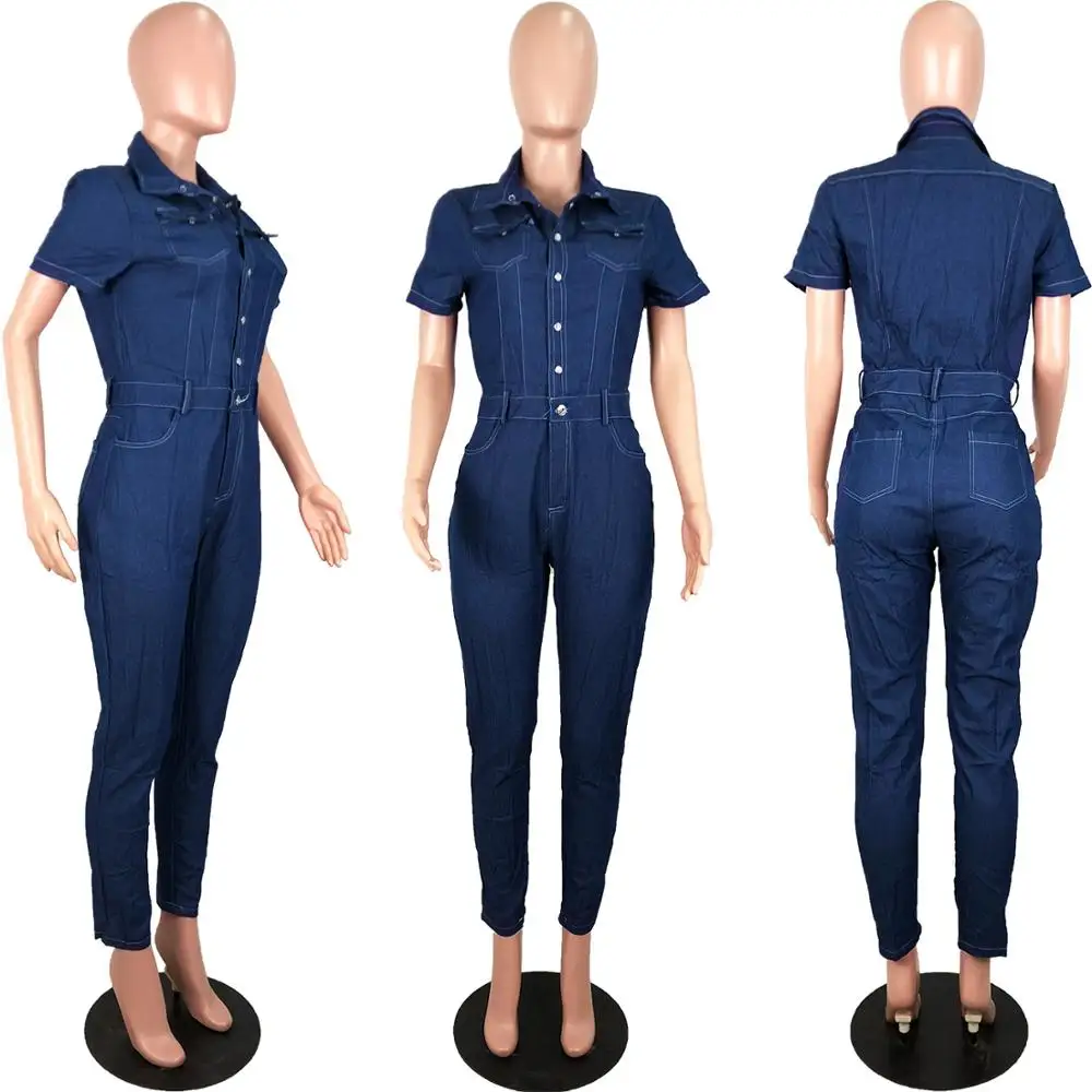 2019 Женский Летний джинсовый комбинезон с короткими рукавами и пуговицами