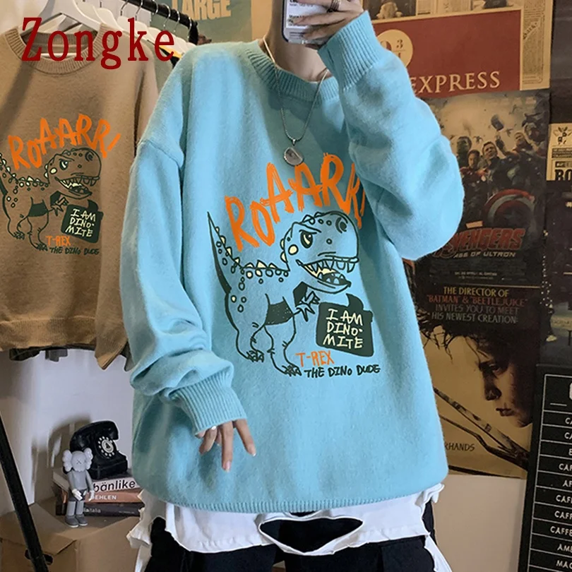 

Zongke Cartoon Dinosaurs Knitted Sweater Men Clothing Harajuku Sweaters Pullover Men Sweater Fashion Mens Clothes M-3XL 2021