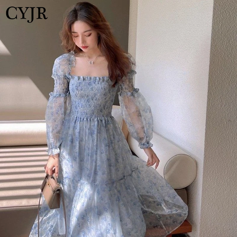 

2021 Summer Lace Elegant Midi Dress Women Puff Sleeve Square Collar Boho Beach Floral Dress Female Party One Piece Dress Korean