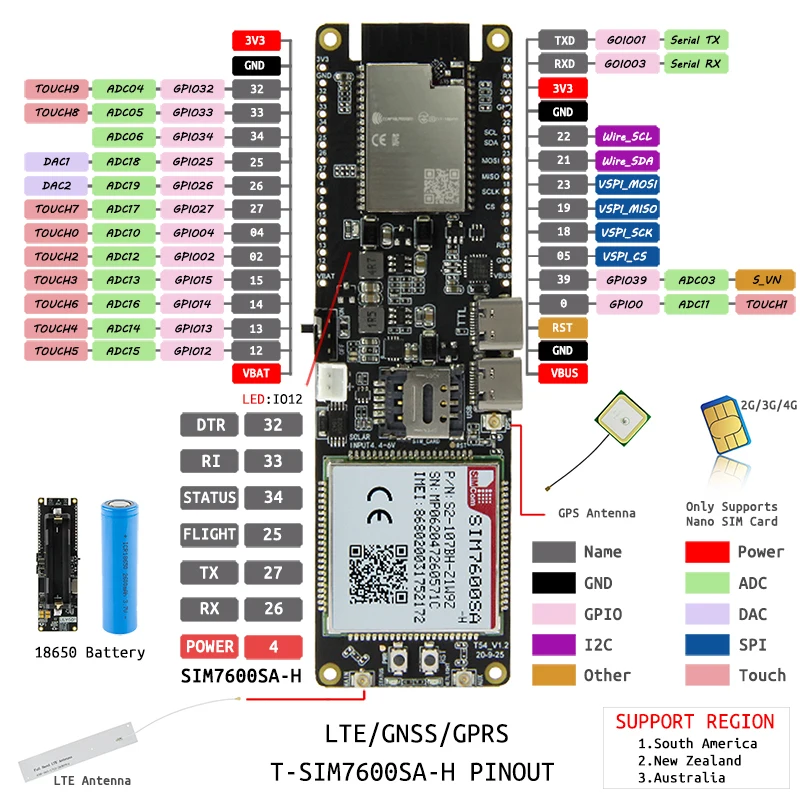 T-SIM7600E SIM7600E-H1C MCU32 4G LTE Cat4 WIFI module support Beidou +GPS positionning LILYGO® |