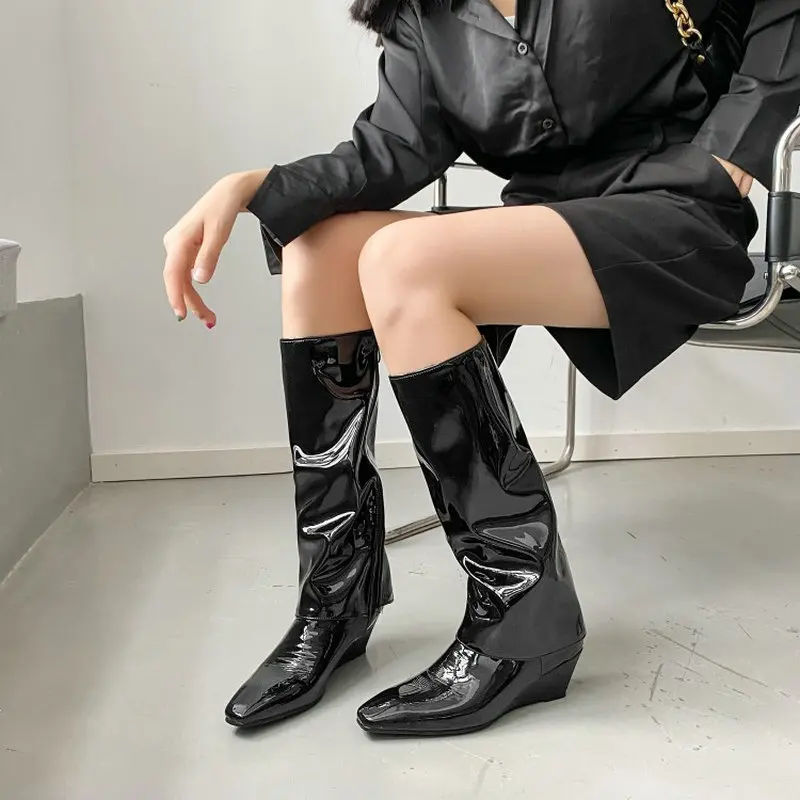 

Sianie Tianie Patent PU Shiny Leather Pleated Straight Tube Design Silver Black Wedges Heels Punk Womens Knee High Gothic Boots