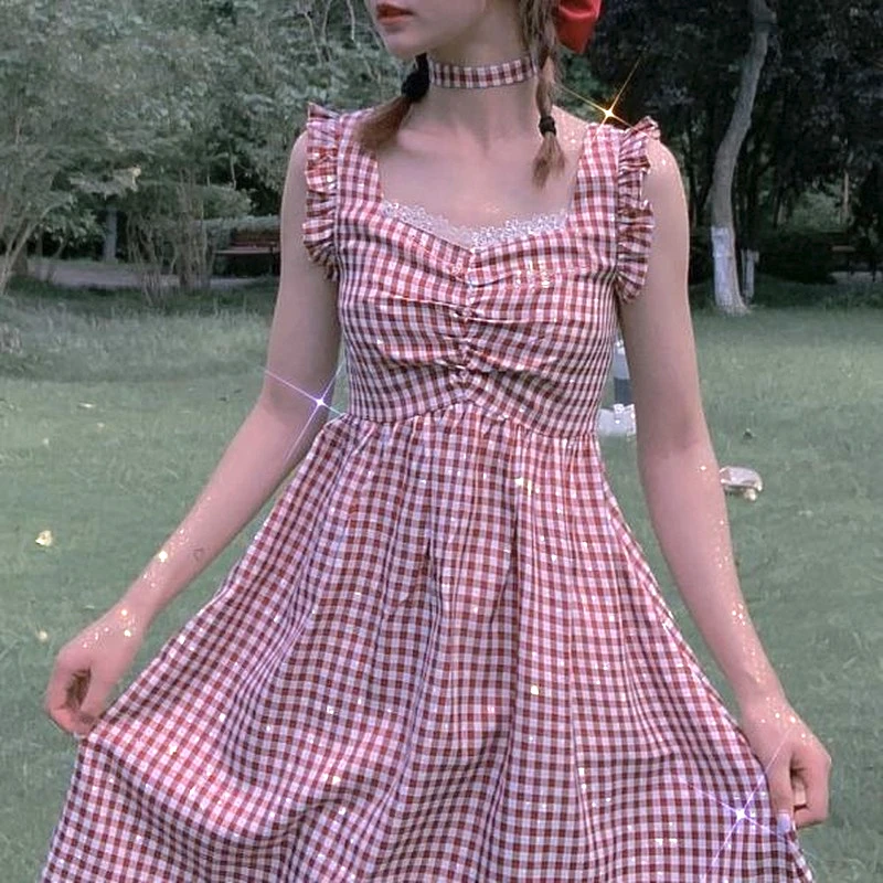 

Summer Kawaii Plaid Dress 2021 Women Elegant Sweet Lace Up France Vintage High Waist Midi Dress Female Chic Casual Holiday Dress