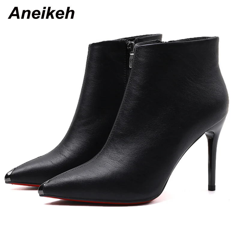 

Aneikeh Fashion PU Metal Pointed Toe Nightclub Shoes Comfortable Texture Thin Heel Winter Boots For Woman Sexy Vulcanize Booties