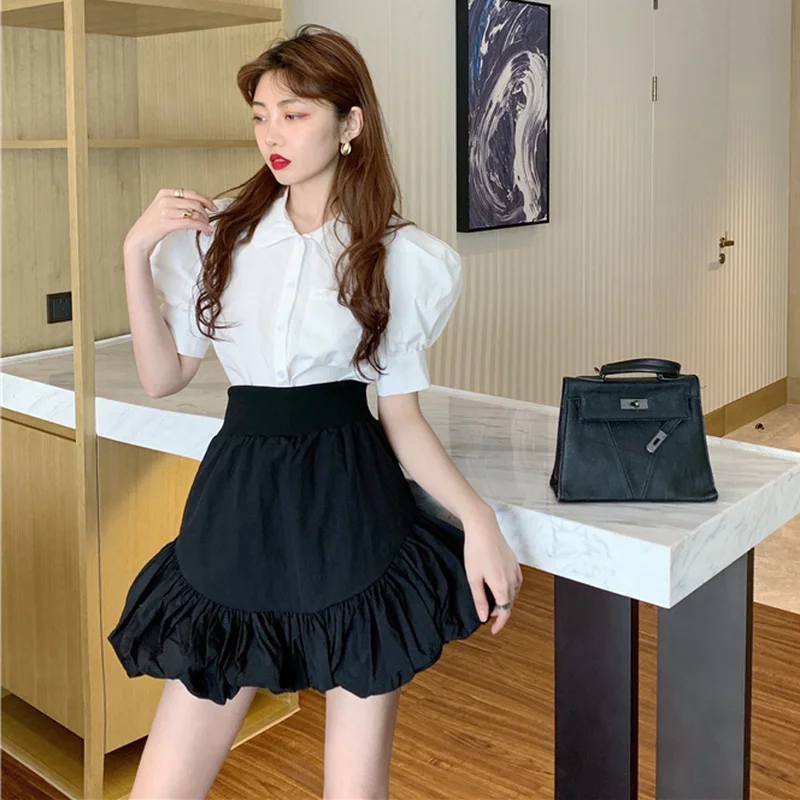 

Skirts Women Summer Kawaii Girl High Waist Solid Color Ball Gown Elegant Japanese Style All-match Cute Mini Fashion Asymmetrical