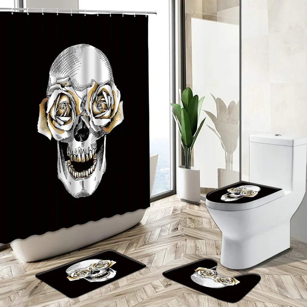 Comprare Skull Octopus Design Stampato Tenda Da Doccia Vintage Vecchio Bordo Di Legno Coppia Floreale Bagno Decor Tappeto Copriwater Set Tappetino Da Bagno
