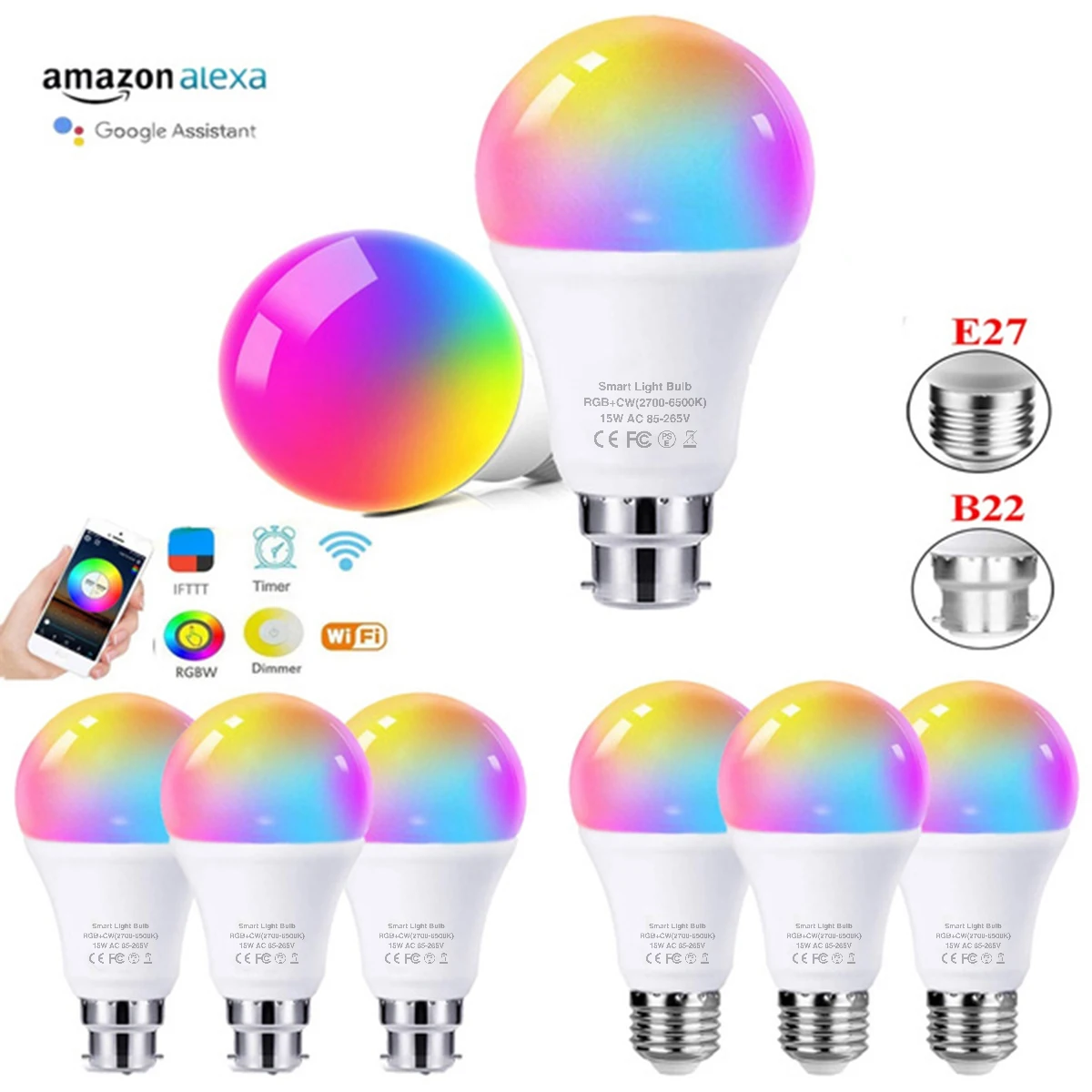 

Умная лампа с Wi-Fi, светодиодный RGB-светильник, синий волшебный светильник с регулируемой яркостью, E27, лампа с голосовым управлением, домашни...