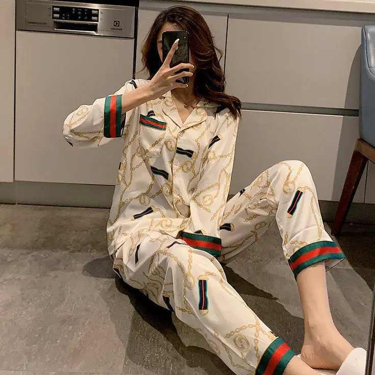 

Women's long sleeve pajamas suit, casual Lapel cardigan, ice silk, housewear, spring and autumn