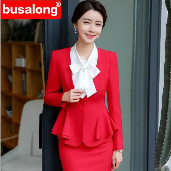 Осень 2019 красный женский костюм платье с длинным рукавом и оборками комплект из