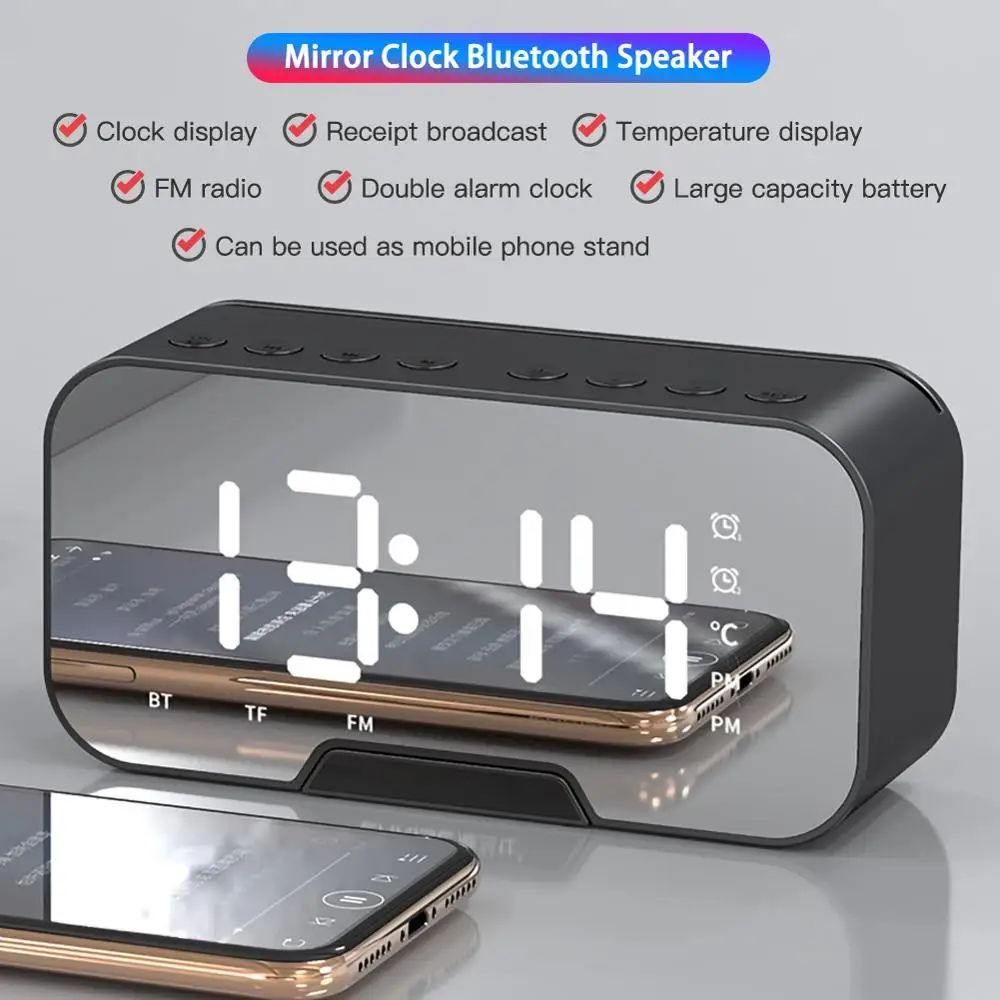 Многофункциональный зеркальный Будильник Bluetooth динамик с FM светодиодный
