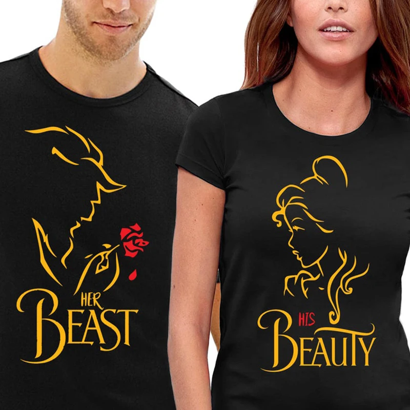 

His Beauty and Her Beast Graphic Tees Valentine Day Women Couple Shirts Black Christmas Tee Harajuku Casual Print 90s Vintage