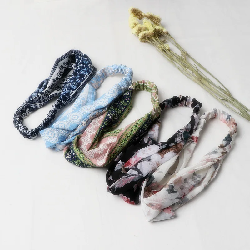 Женская повязка на голову с цветочным принтом Корейская крестиком аксессуары