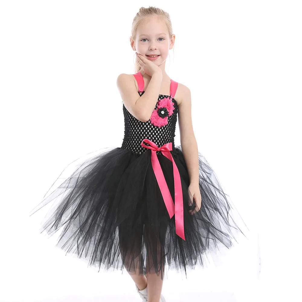 Потрясающее черное элегантное платье для девочек Цветочное детская одежда