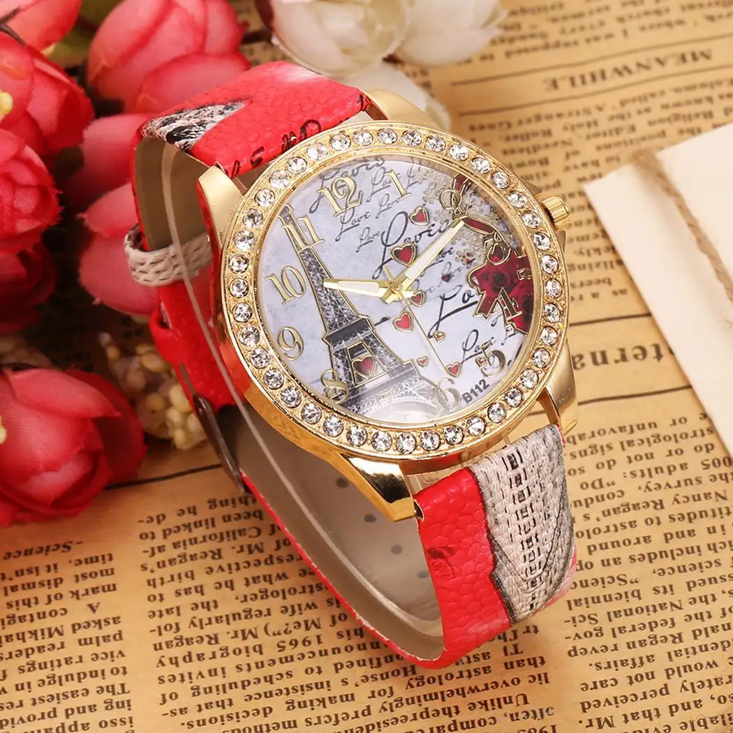 Women Rhinestones Tower Pattern Dial Quartz Wrist Watch Print Band Watches Clock Wristwatch Girls Ladies Students Relojes | Наручные часы