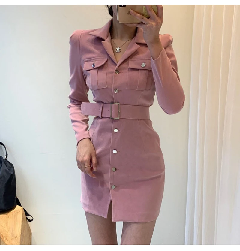 Trytree Autumn Winter Women Casual Dress Turn-down Collar Single Breasted Pockets Belt 5 Colour Slim fit Fashion Mini Dress