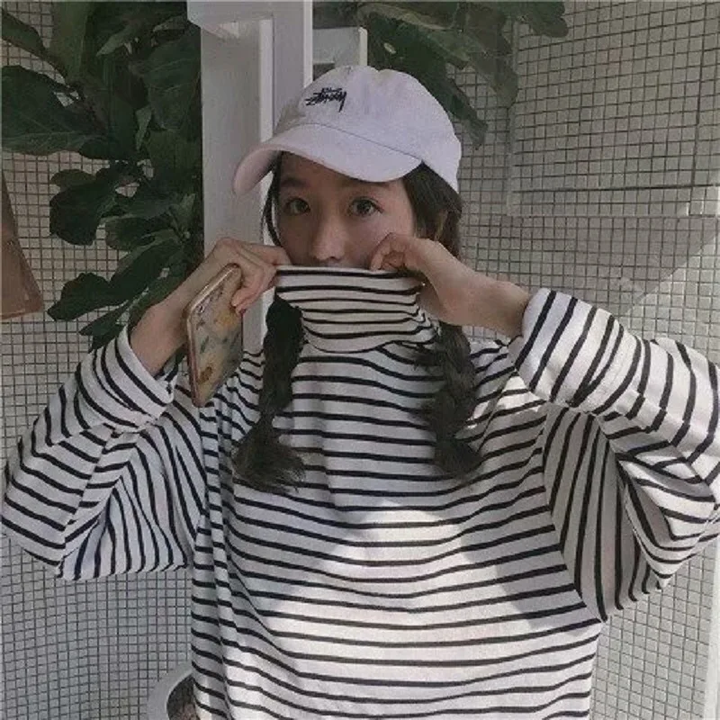 

T-shirt Women 2020 High Collar Striped Plus Velvet Plus Size T-shirt Women Autumn/winter Long-sleeved Loose Bottoming Shirt Top