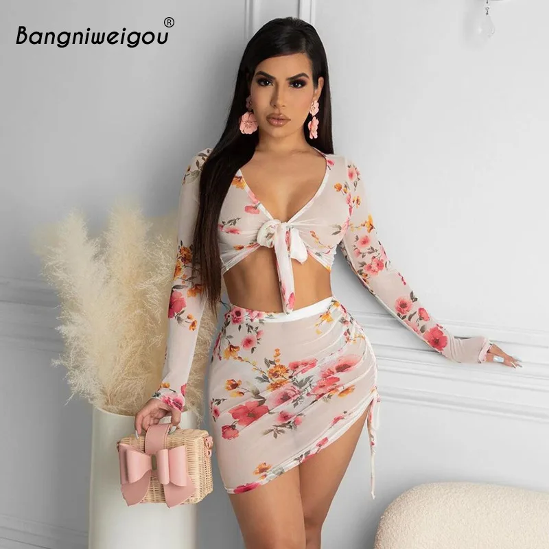 

Bangniweigou floral mesh two piece sets women elegant bow crop top + asymmetrical mini skirt see through matching set clubwear