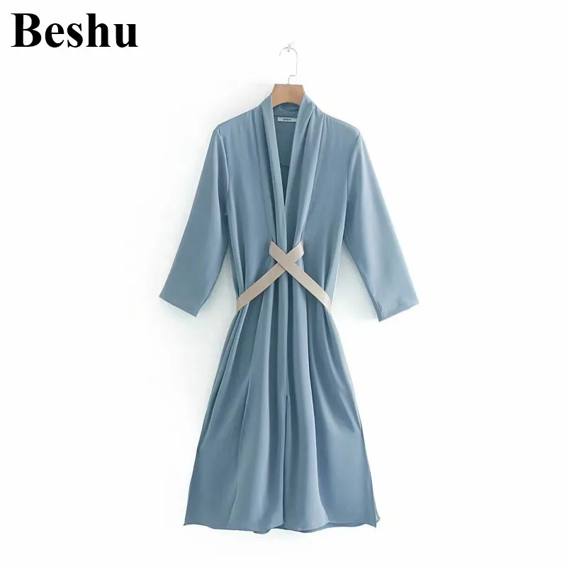 Za 2019 женское платье с v образным вырезом шикарное поясом небесно голубое длинное