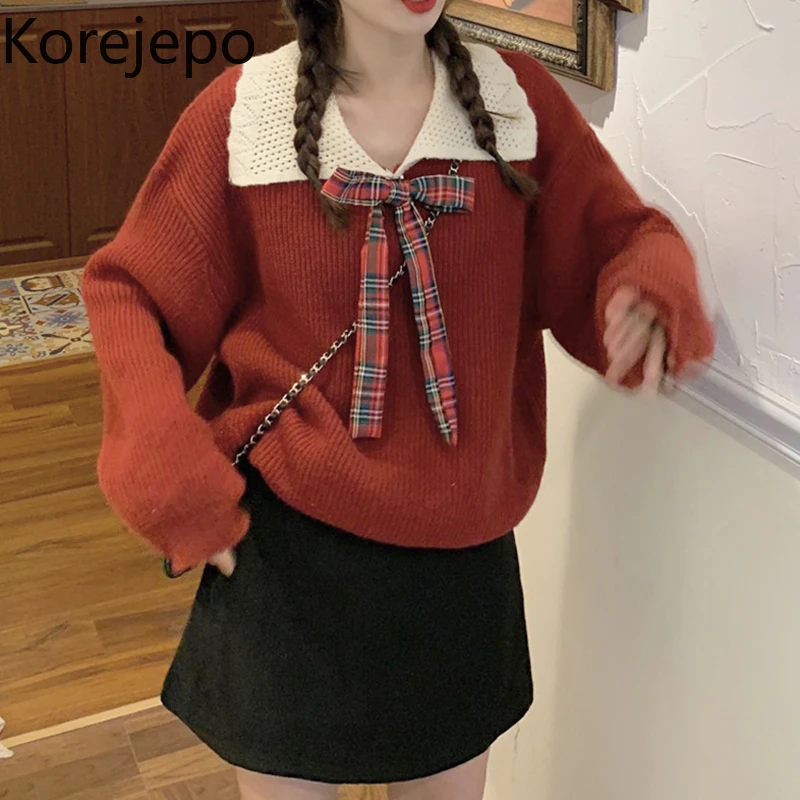 

Свитер с бантом, пуловер, женская одежда с воротником для младенцев, весна-осень 2021, новый милый шикарный Свободный Вязаный топ с отложным во...