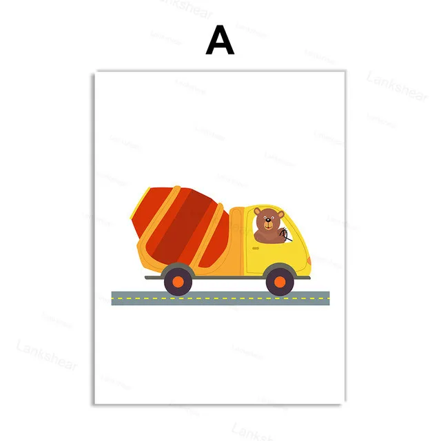 Мультяшный грузовик экскаватор трактор скандинавские плакаты и принты