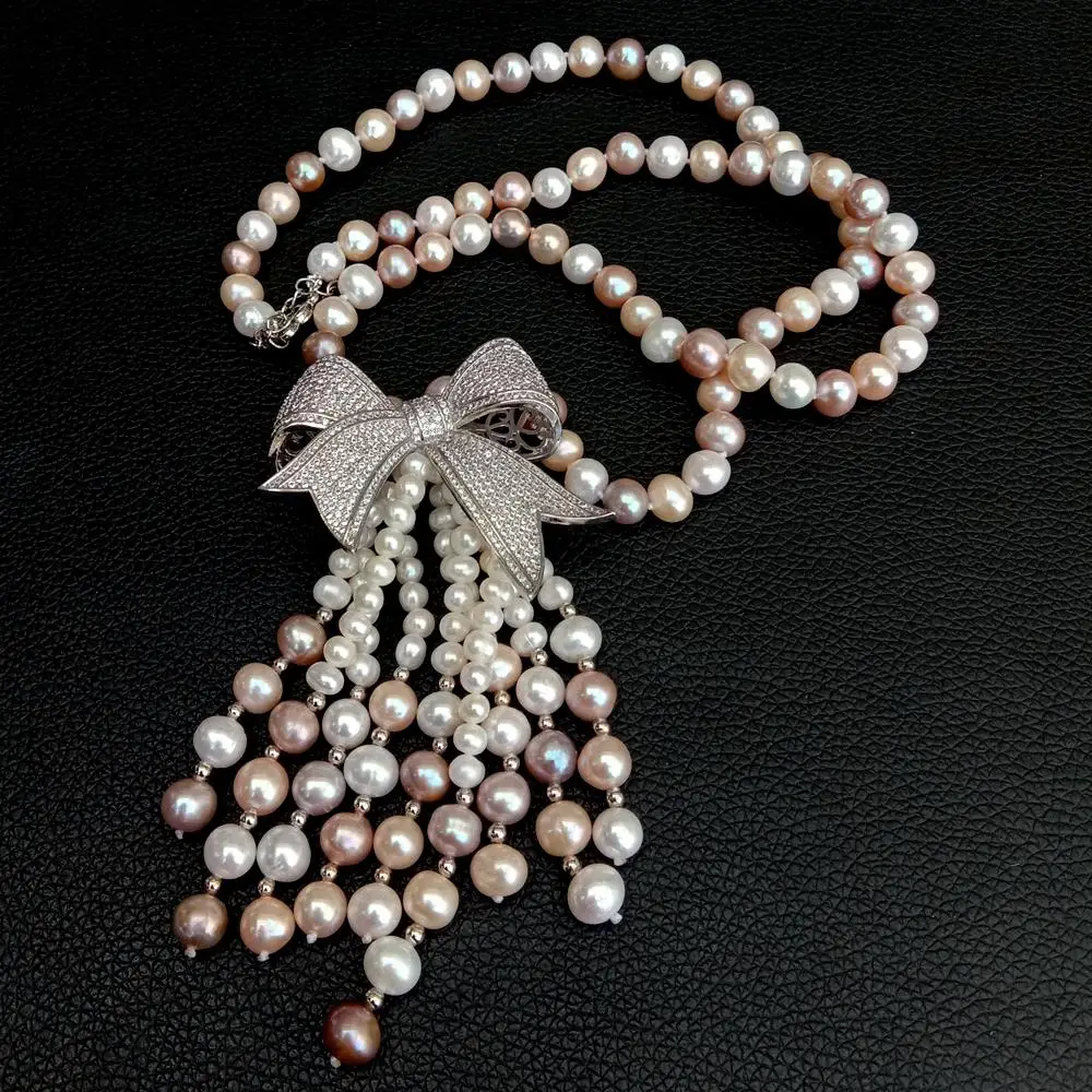 

26'' Multi Color Cultured Pearl Necklace cz Pendant