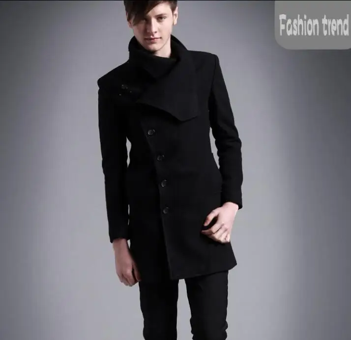 

Повседневное шерстяное пальто, мужские тренчи, пальто с длинным рукавом, мужское кашемировое пальто, индивидуальное однобортное черное пальто с воротником-стойкой