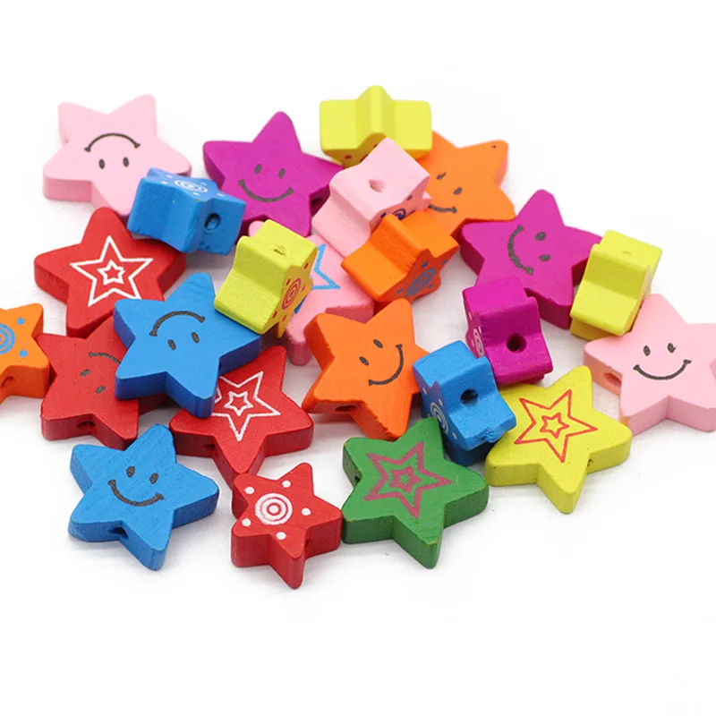 

Star Shape Wood Beads Random Color Wooden Baby Toy Loose Beads For Jewelry Making DIY 15/20mm Bracelet Necklace Accessories