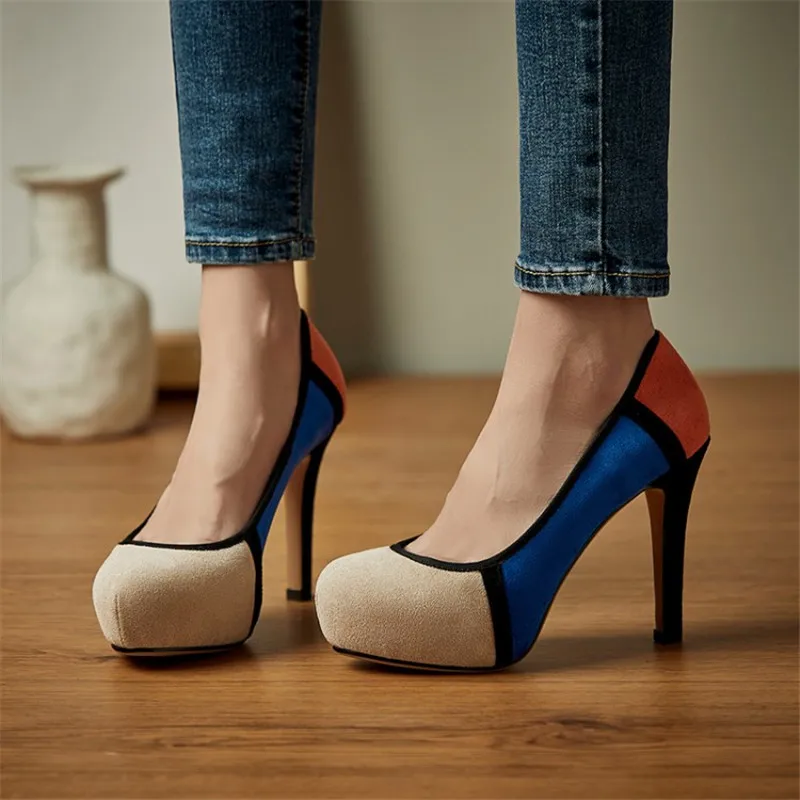 PXELENA/Лидер продаж модные разноцветные туфли на шпильке с круглым носком без