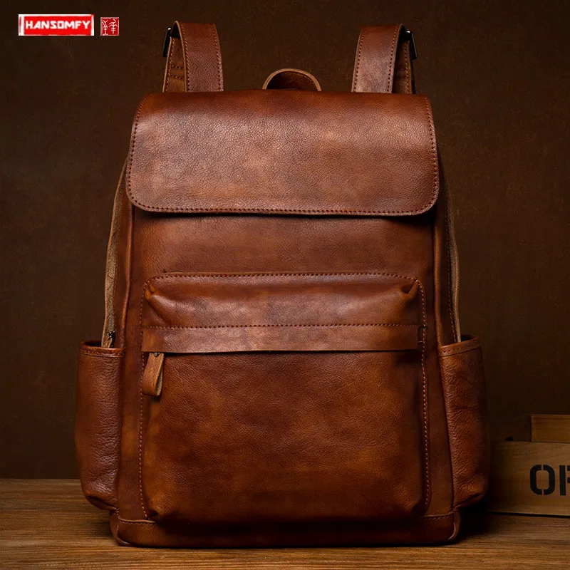 

Мужской рюкзак из натуральной кожи, Большой Вместительный ранец для ноутбука, мужские дорожные рюкзаки из воловьей кожи первого слоя, школь...