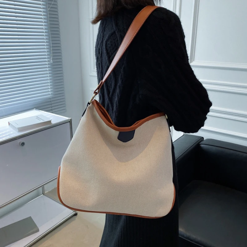 

Designer Autumn Canvas Tote Bag for Women Large Off-White Simple Ladies Shoulder Bags Female Handbag Commuter Shopper Study New