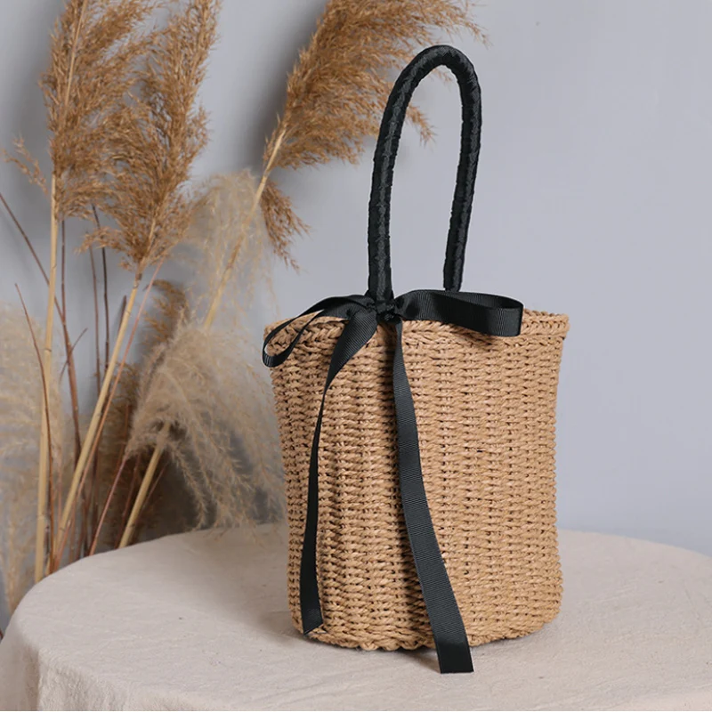 

Basket Beach Straw Bag Women Small Ladies Tote Bags Handle Crochet Woven Women`s Bucket Handbag Bow-knot Cute 2021 Vacation New