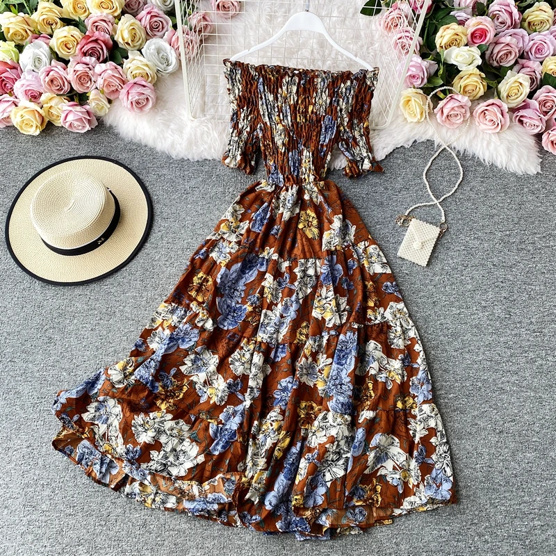

2021 Women Irregular Slash Neck Flare Sleeve Pleated Ruffles Dress Lady Elastic Slim Waist Floral Flower Print Party Chic Dress