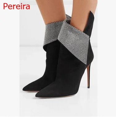 

Women's Bling Diamond Stitching Rivet Short Boots New Design Pointed Toe Stiletto High Heel Silver Ankle Boots Women's 43 44