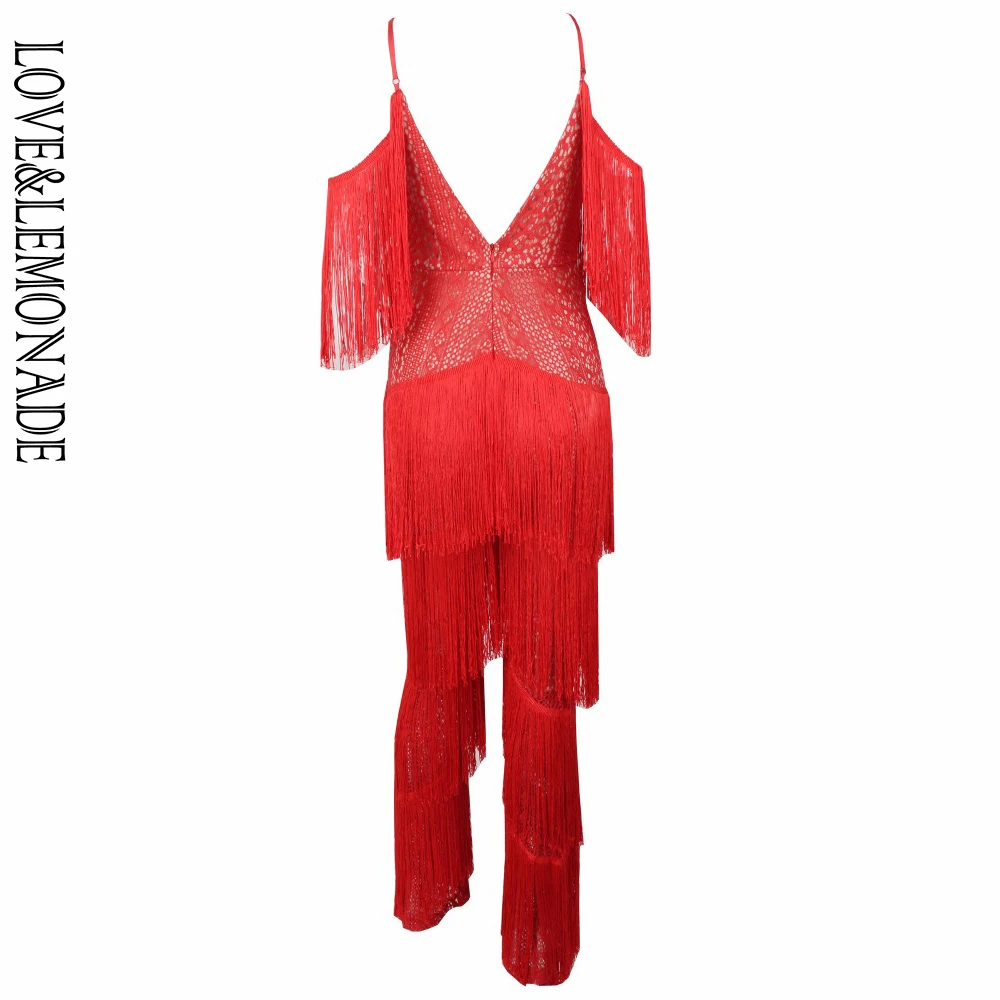 

LOVE & LEMONADE Red Geometric Lace Tassel Deep V Collar Jumpsuit LM0172