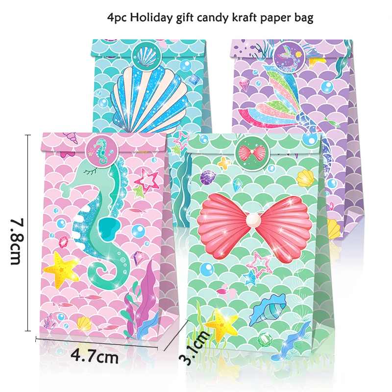 

4pc Cute Sea Animal Gift Candy Kraft Paper Bag Mermaid Birthday Party Theme Summer Beach Holiday Party Decor Girls Party Favor